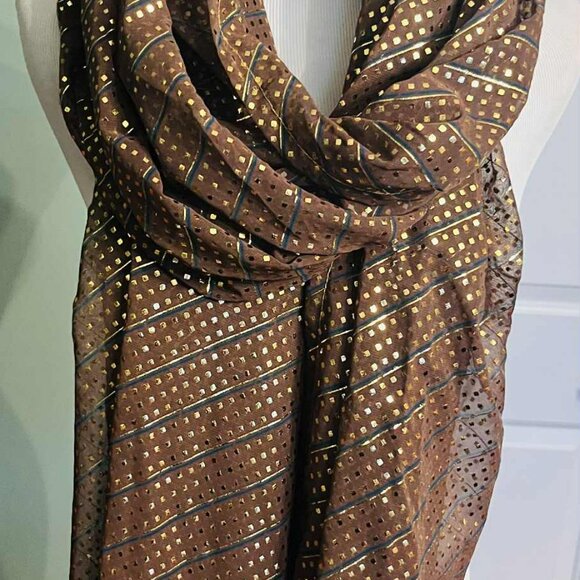 NWT Handmade Brown & Gold Scarf by Sana – Geometric Glow Design - Picture 10 of 12